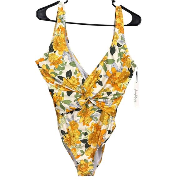 Nicole Miller One Piece Floral Swim Suit V Front And Back Cheeky Size L NWT - Picture 1 of 8